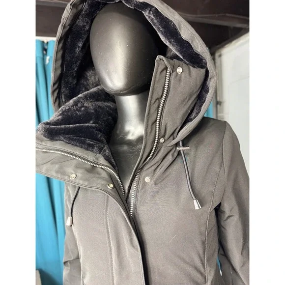 Zara Winter Parka Coat Fur Lined Hooded Jacket Black Warm Womens S - Picture 2 of 11